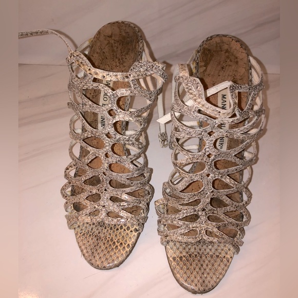 Vintage Manolo blahnik gray snakeskin open toe gladiator strappy heels 38.5 - Picture 2 of 7